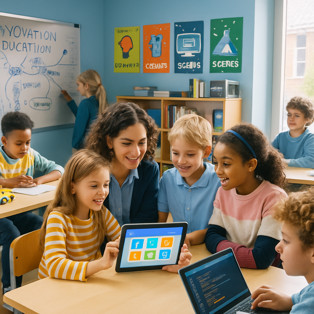 The image depicts a vibrant classroom filled with students engaged in various activities Bright colorful posters adorn the walls showcasing educational themes and technology In the foreground a teacher interacts with a group of students around a tabl-1