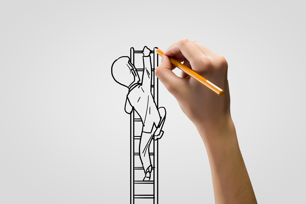 Human hand drawing caricature of man climbing ladder